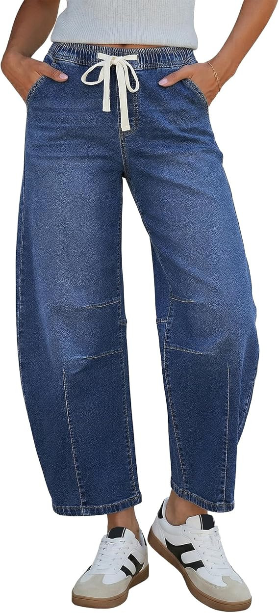 GRAPENT Barrel Jeans for Women Trendy High Waisted Cropped Baggy Wide Leg Pull On Elastic Waist S... | Amazon (US)