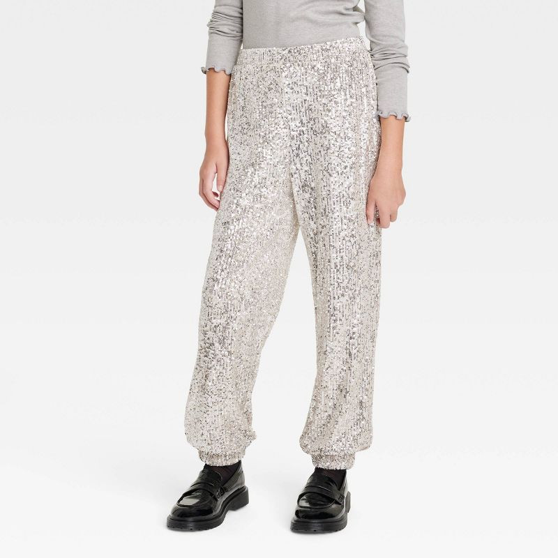 Girls' Sequin Jogger Pants - art class™ Silver | Target