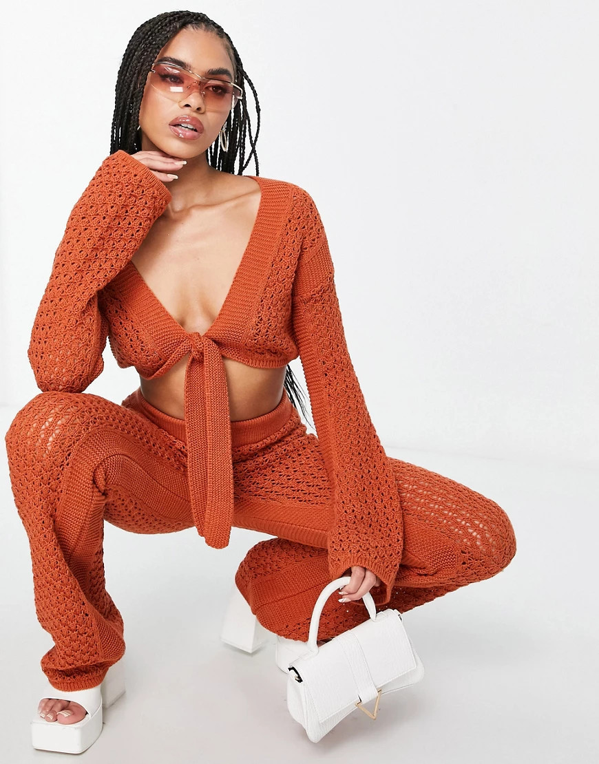 ASOS DESIGN crochet beach top with tie front detail in orange - part of a set | ASOS (Global)
