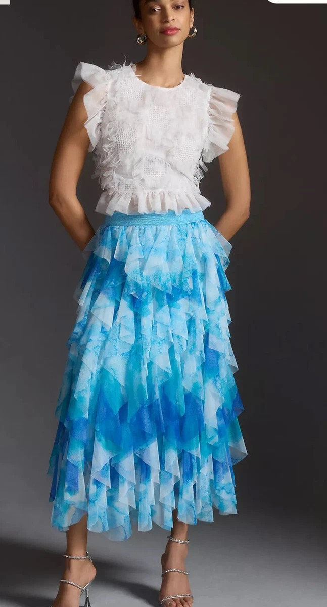 Anthropologie The Cheri Ruffle Tulle Midi Skirt Lined Sky Blue Ombre S NEW  | eBay | eBay US