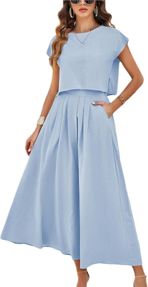 Womens 2 Piece Outfits Skirt Set Summer Casual Cap Sleeve Crop Tops Maxi Dress Sets with Pockets | Amazon (US)