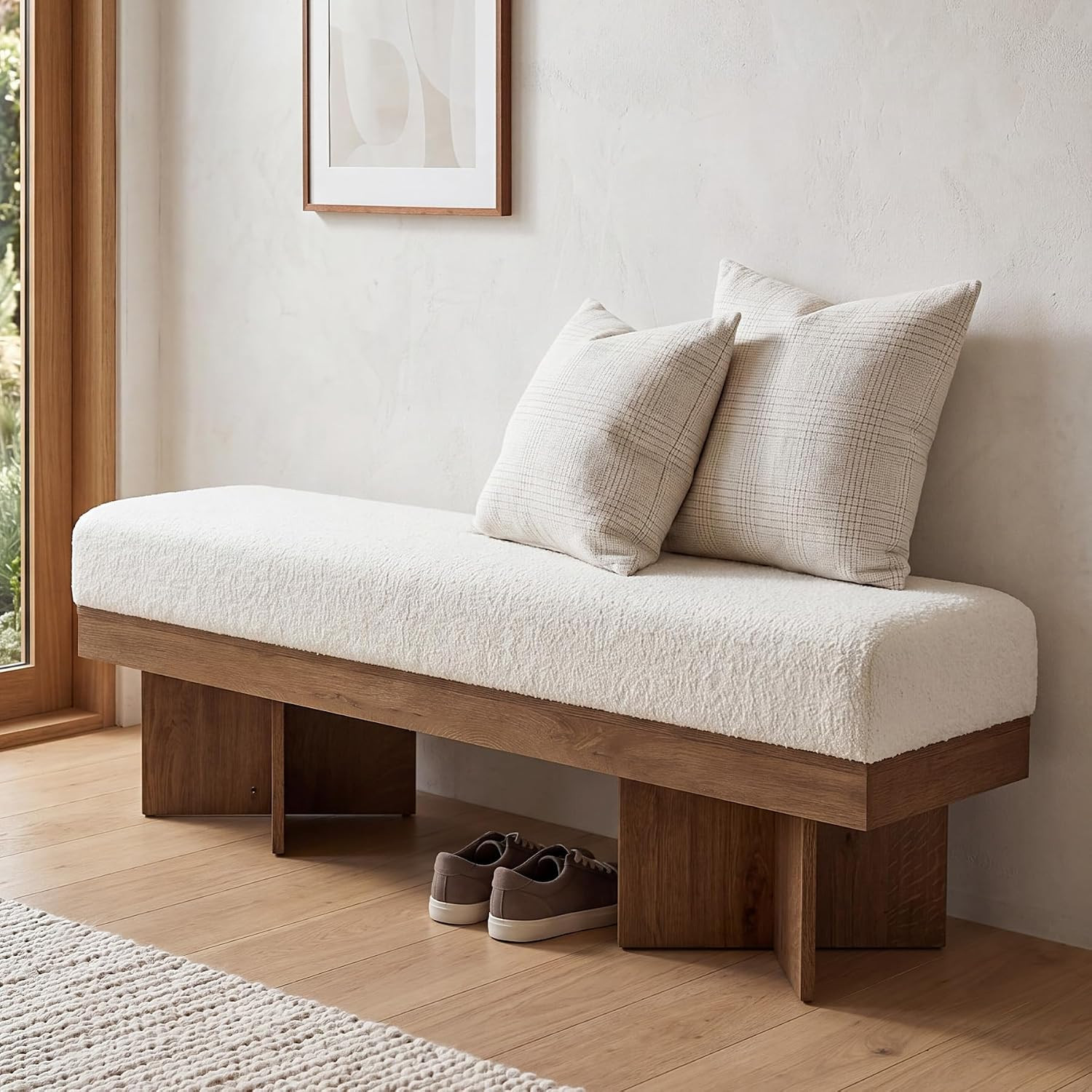 LITTLE TREE 55" Entryway Bench with Faux Lamb Wool, Upholstered Bench with X-Legs, for Living Room, Bedroom, or Foyer (White & Light Walnut) | Amazon (US)