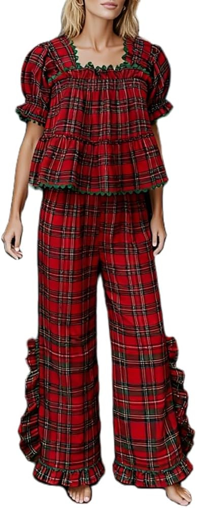 Womens Christmas Gingham Pajamas Set Ruffle Plaid Short Puff Sleeve Babydoll Shirts Sleepwear Lou... | Amazon (US)