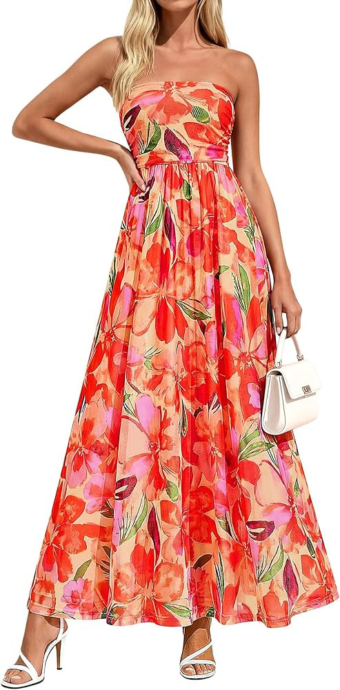 PRETTYGARDEN Women Strapless Maxi Dress 2026 Summer Floral Tube Top Ruched Beach Spring Wedding G... | Amazon (US)