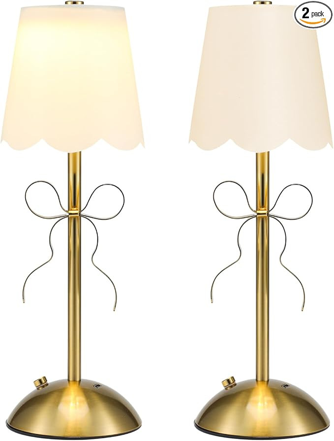 2 Pack Fabric Bow Lamp Golden Bowknot Bedside Lamp with Fabric Lampshade for Princess Rooms Girls... | Amazon (US)