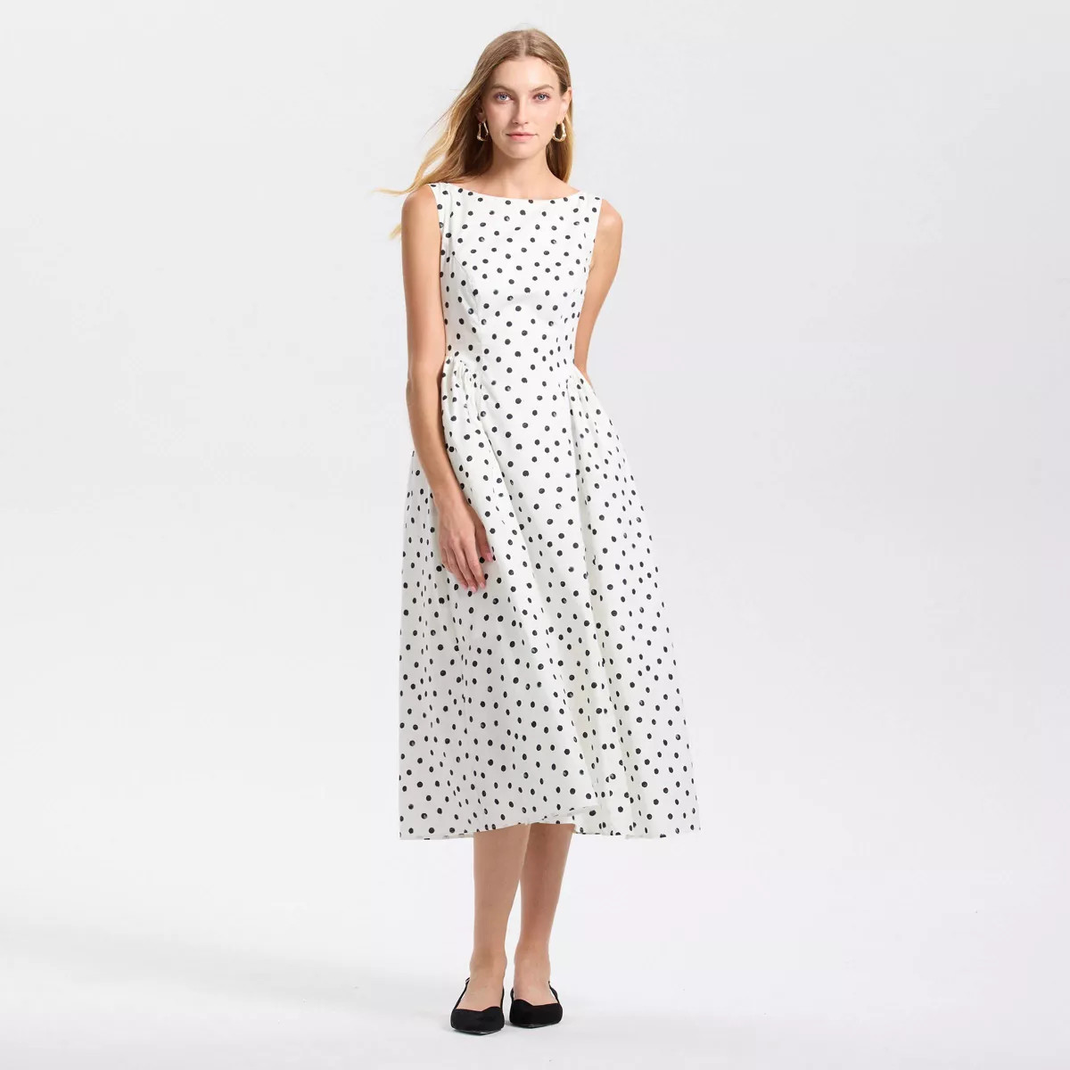Women's Cap Sleeve Gathered Waist Midi A-Line Dress - A New Day™ Cream Dots L | Target