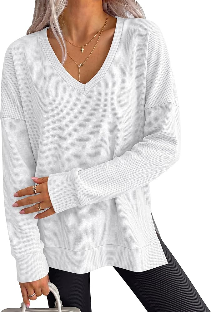 ANRABESS Long Sleeve Shirts for Women, Waffle Knit, V Neck Loose Fit Side Slit, 2026 Fall Sweater... | Amazon (US)