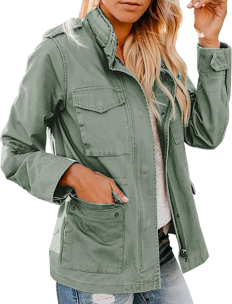 Womens Military Anorak Jacket Lapel Zip Up Snap Button Parka Outdoor Utility Lightweight Fields O... | Amazon (US)