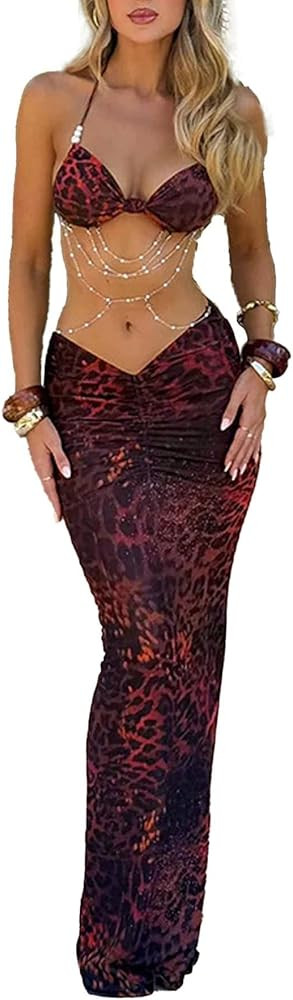 Women's Two Piece Maxi Skirt Sets Summer Beach Sexy Ruched Backless Pearls Chain Decor Crop Top a... | Amazon (US)
