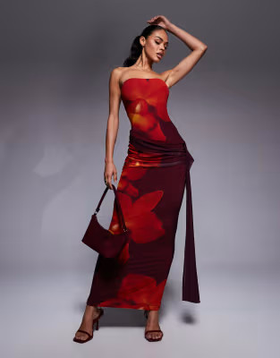 Kaiia exclusive double layered slinky mesh bandeau tie side drape detail maxi dress in brown and ... | ASOS (Global)