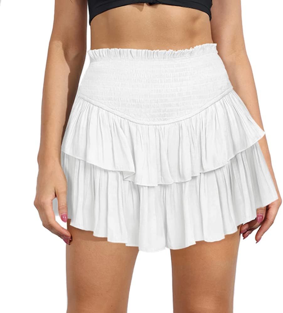 MiiVoo Women’s Summer High Waist Ruffle Short Mini Skirts Elastic Waist Solid Lined Layered Fla... | Amazon (US)
