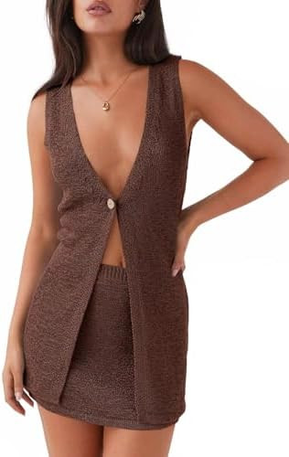 Tankaneo Womens 2 Piece Vacation Sets Sleeveless V Neck Long Vest Knit Top and Mini Skirt Summer ... | Amazon (US)