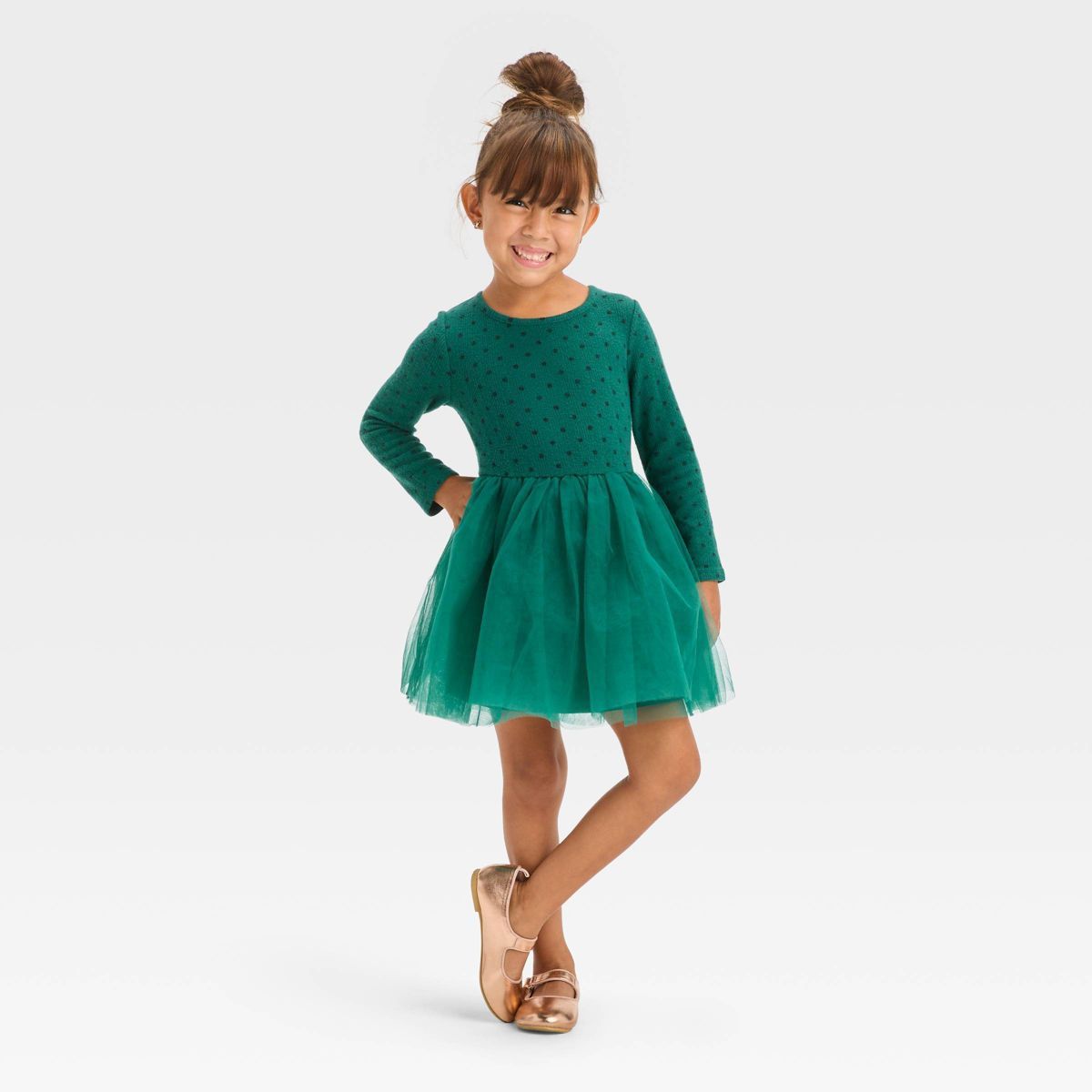 Toddler Girls' Long Sleeve Knit Tulle Dress - Cat & Jack™ Green | Target