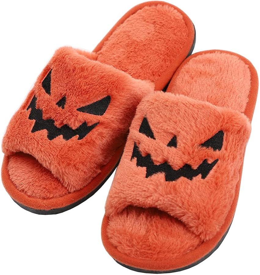 TITTOK Spooky Slides Halloween Slippers Jack O Lantern Pumpkin Soft Plush Cozy Open Toe Indoor Ou... | Amazon (US)