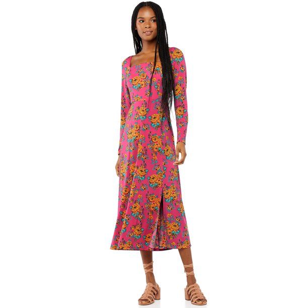 Scoop Women’s Square Neck Midi Front Slit Dress | Walmart (US)