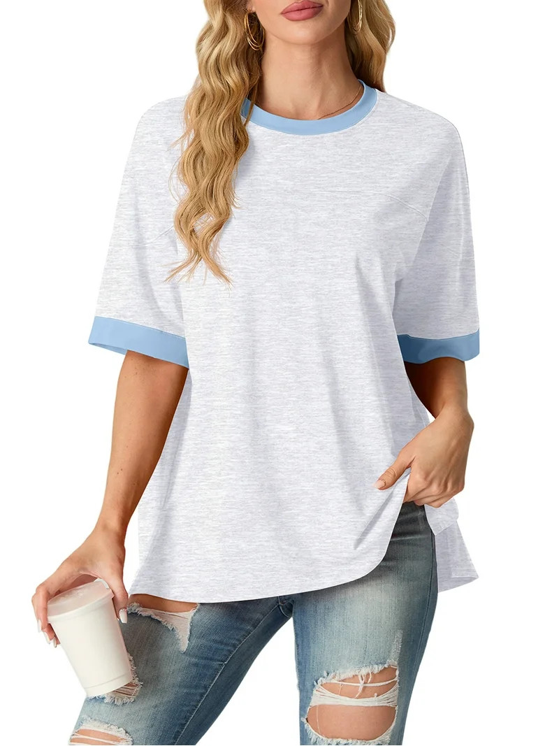 JWD Women's Top Short Sleeved T-Shirt Round Neck Casual Blouses Patchwork Split Hem Tee Top Gray ... | Walmart (US)