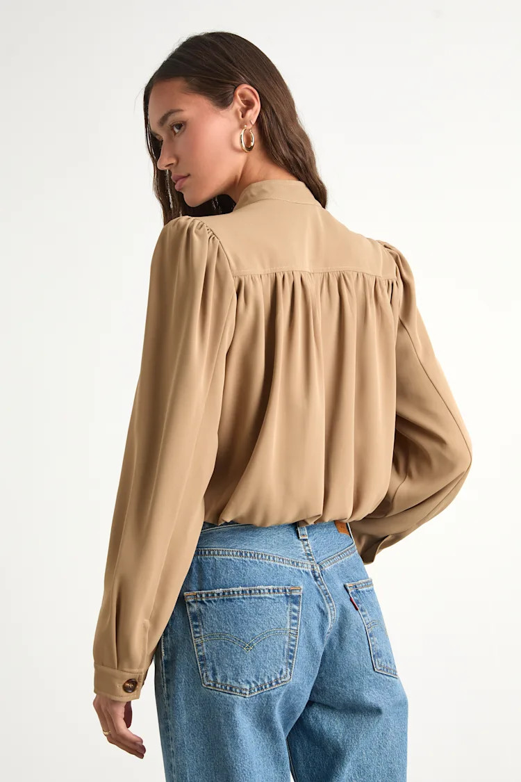 Melanya Tan Puff Sleeve Cropped Bubble-Hem Jacket | Lulus