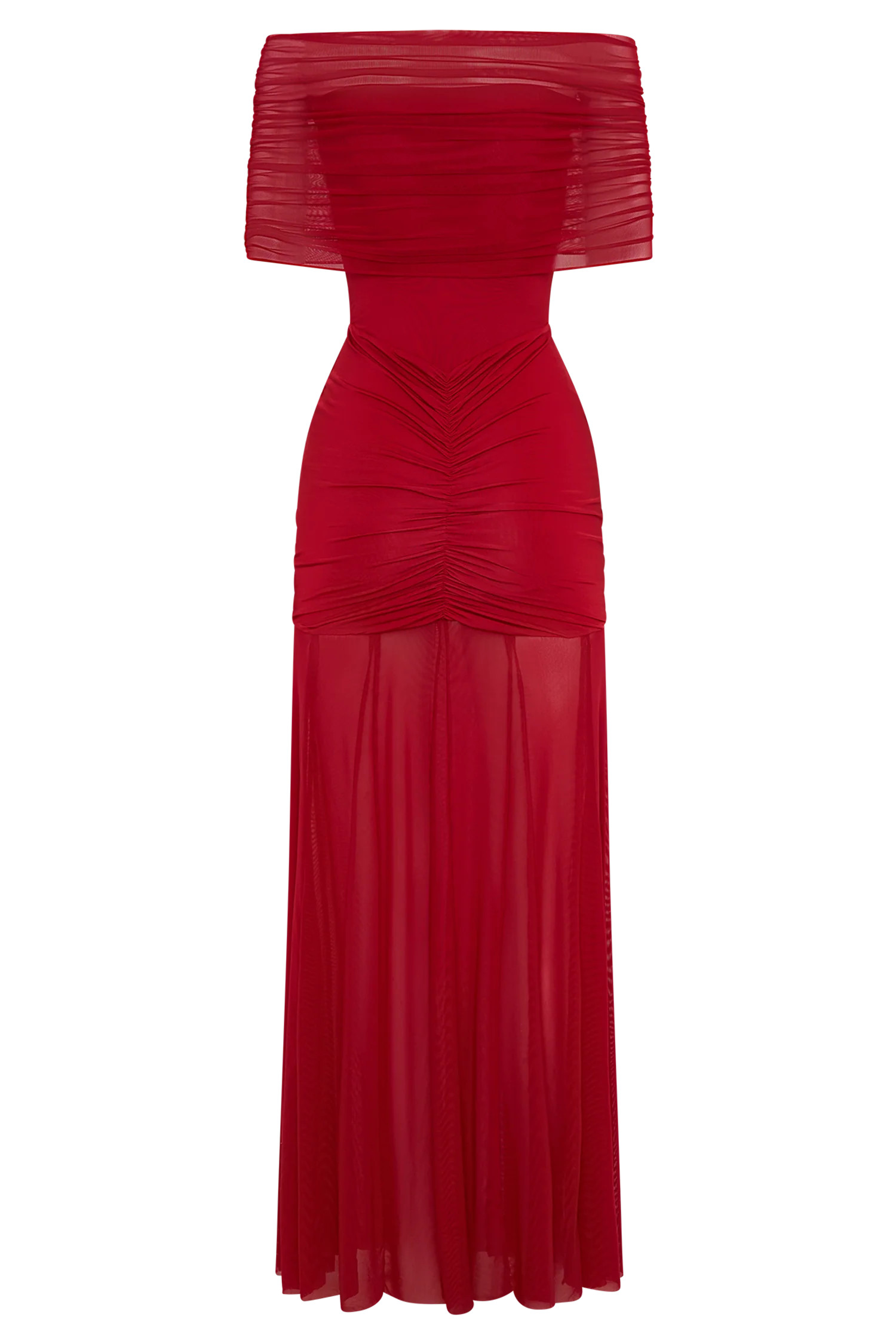 Caspian Slinky And Mesh Off Shoulder Maxi Dress - Ruby | Meshki UK