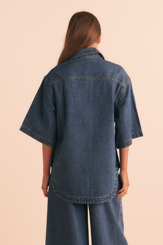 DENIM CURVE HEM SHIRT IN MID BLUE | Bohemian Traders