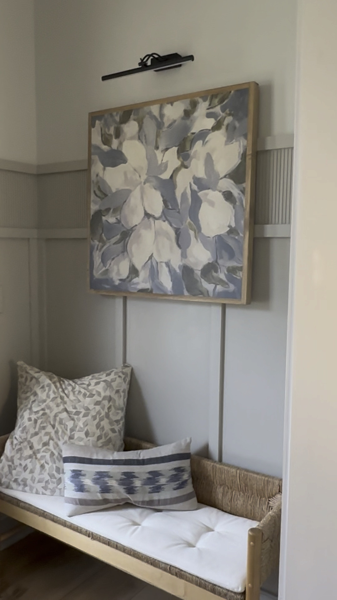 The art 😍
The batter operated library light 🙌🏼
The charming bench ❤️
Entryway perfection 

#LTKStyleTip #LTKVideo #LTKHome