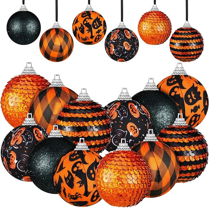 24 Pieces Halloween Day Ball Ornament,Glitter Black Halloween Tree Ornament, Sequin Ball for Autu... | Amazon (US)