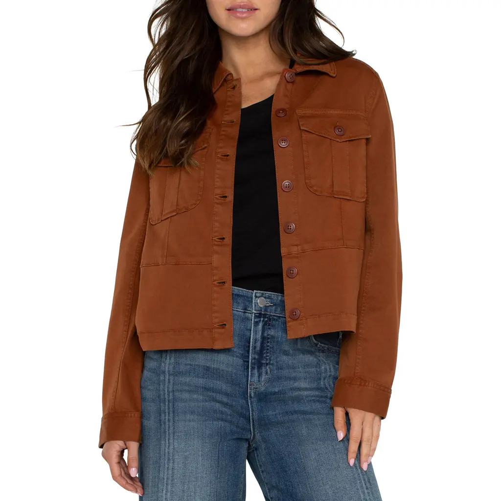 Liverpool Los Angeles Peplum Twill Trucker Jacket in Burlywood at Nordstrom, Size X-Small | Nordstrom