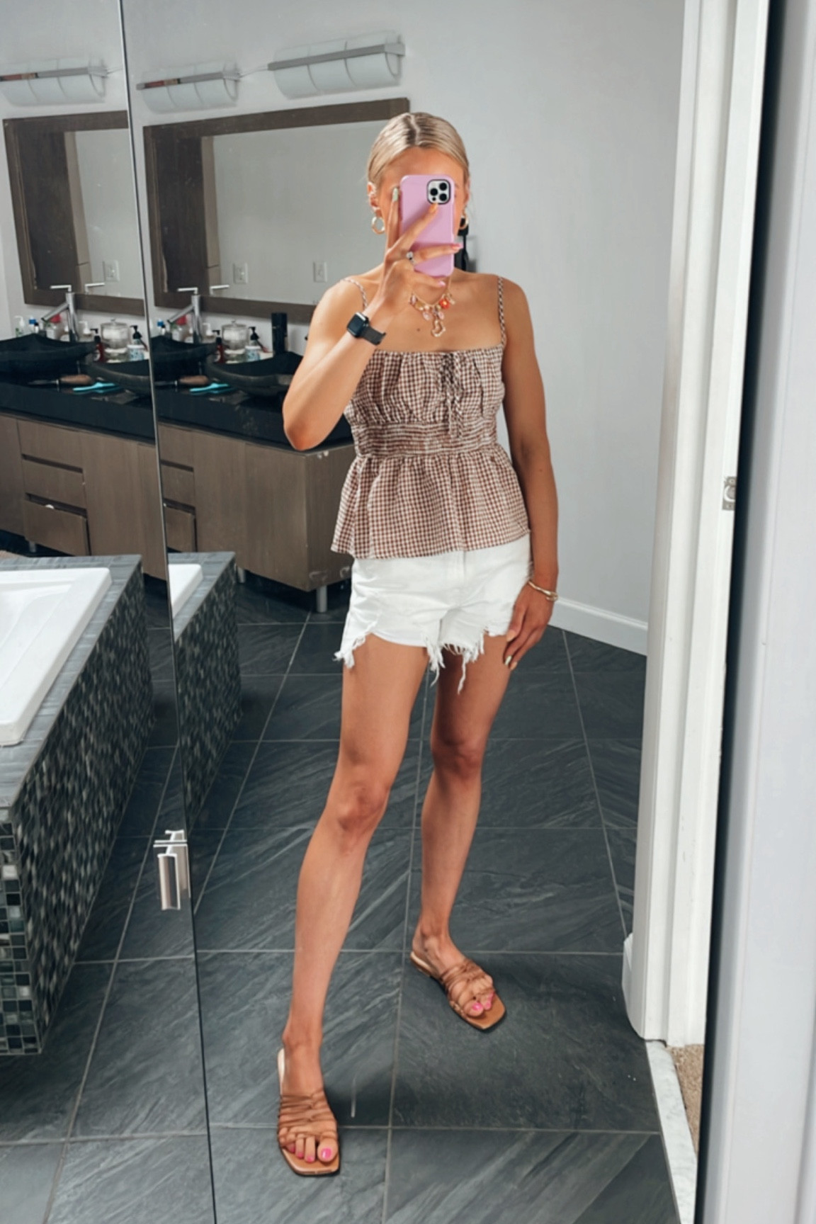 Summer OOTD.

• Brown Gingham Peplum Tank: Princess Polly (size 4 - TTS)

• White Shorts: Abercrombie (old - will link other options(s)!)

• Gold Charm Necklace: Princess Polly

• Gold Cuff Bracelet: Princess Polly

• Gold Chunky Hoops: Express (old - will link similar!)

• Brown Strappy Sandals: Marc Fisher (old - will link similar option!)



#LTKStyleTip #LTKFindsUnder50 #LTKFindsUnder100