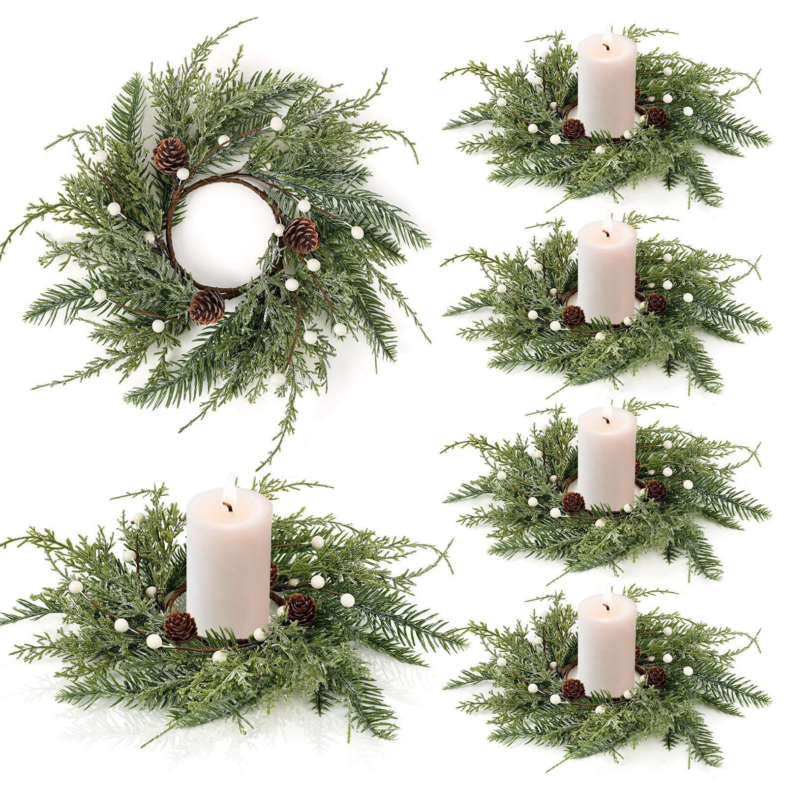 6 PCS Christmas Wreath Candle Rings Mini Wreath Pine Garland Artificial Frosted Cedar and Pine Co... | Amazon (US)