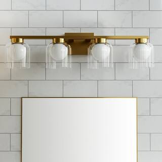 Maxax Austin 28.35 in. 4-Light Classic Brass Integrated LED Dimmable 3 CCT Vanity Light with Whit... | The Home Depot