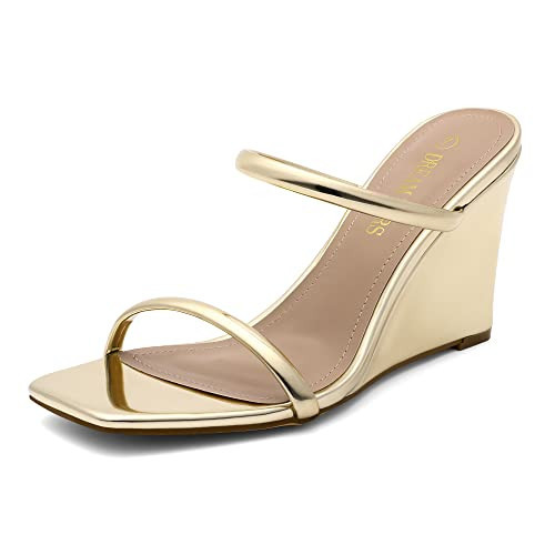 DREAM PAIRS Women's Slides Wedge Sandals Two Strap Square Open Toe Dress Shoes,Size 8,Gold,SDPW2224W | Amazon (US)