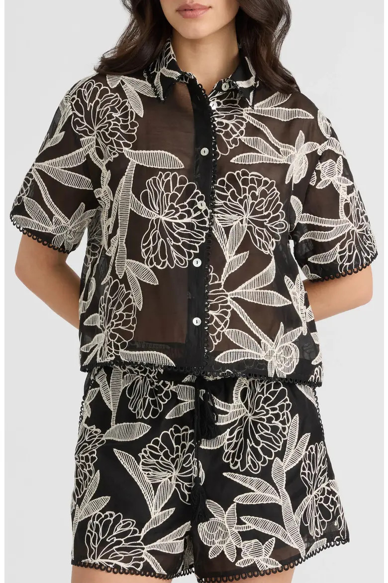 Embroidered Georgette Short Sleeve Camp Shirt (Women) | Nordstromrack | Nordstrom Rack