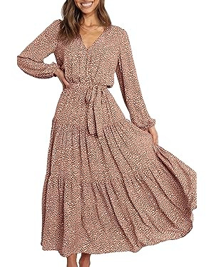 PRETTYGARDEN Womens Spring Long Sleeve Wrap V Neck Ruffle Floral Maxi Dress Casual Tie Waist Boho... | Amazon (US)