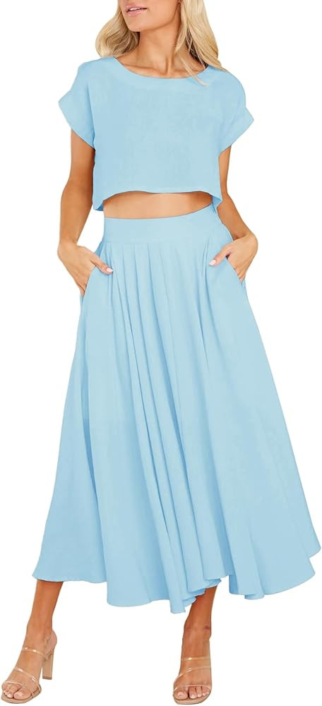 Women's Summer Two Piece Outfits Midi Dress Pleated Crop Top Flowy Flare Skirts Sets Casual Solid... | Amazon (US)
