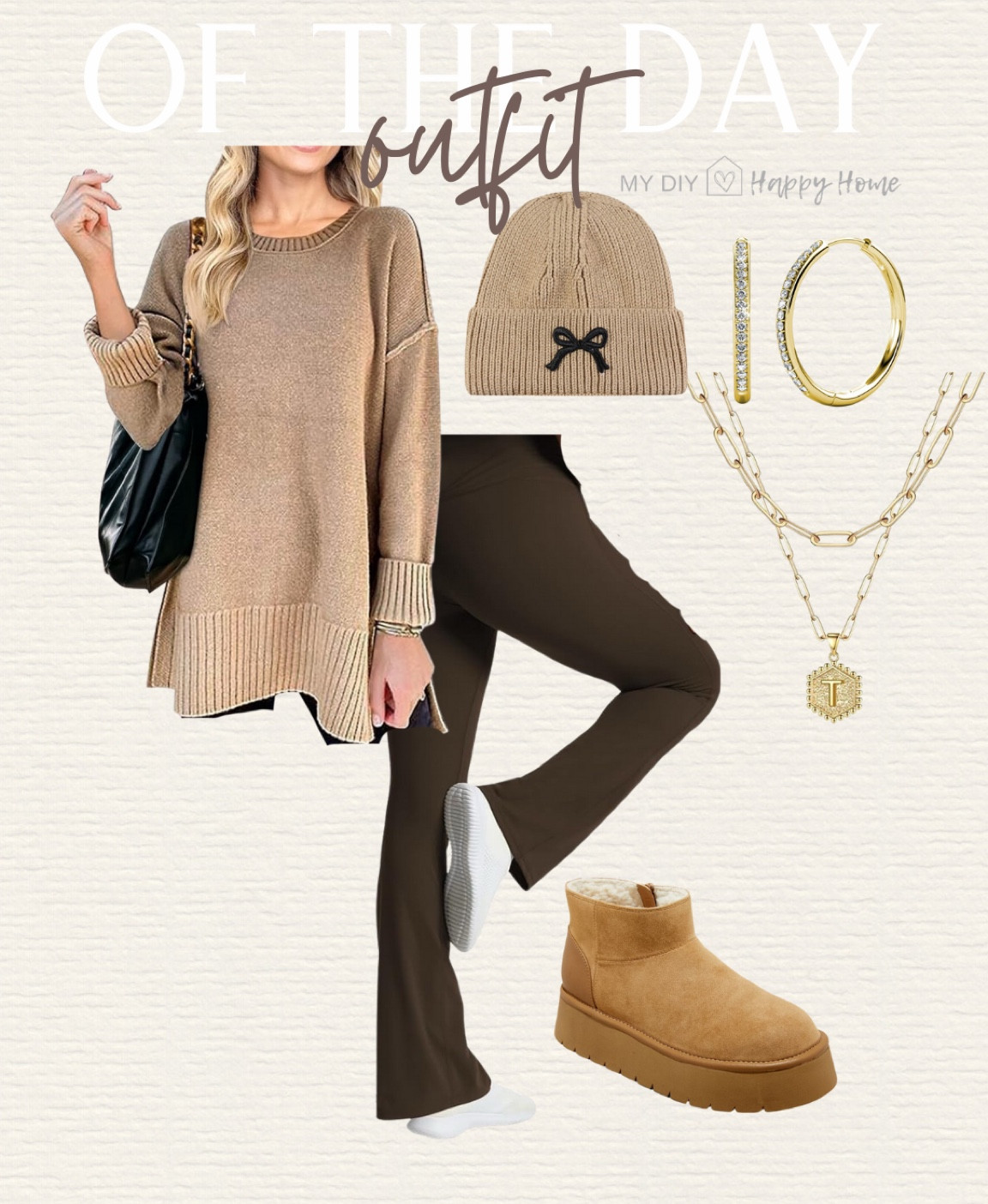 Todays OOTD

Outfit of the day
Flare leggings 
Tan split hem sweater 
Platform suede boot
Necklace 
Earrings 
Bow knit beanie hat 

#LTKMidsize #LTKShoeCrush #LTKSeasonal