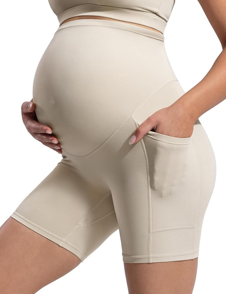 POSHDIVAH Women's Creamluxe Maternity Biker Shorts Over The Belly with Pockets - 6"/8" Summer Pre... | Amazon (US)