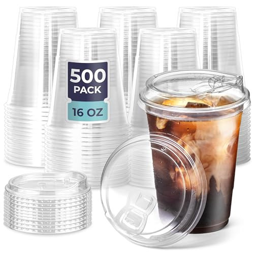 Fit Meal Prep [500 Pack] Disposable Strawless Plastic Cups with Lids - 16 Oz Clear and Sippy Lids, Perfect Eco-Friendly To Go for Iced Coffee, Smoothies, Soda Party Drinks Cafe Essentials | Amazon (US)