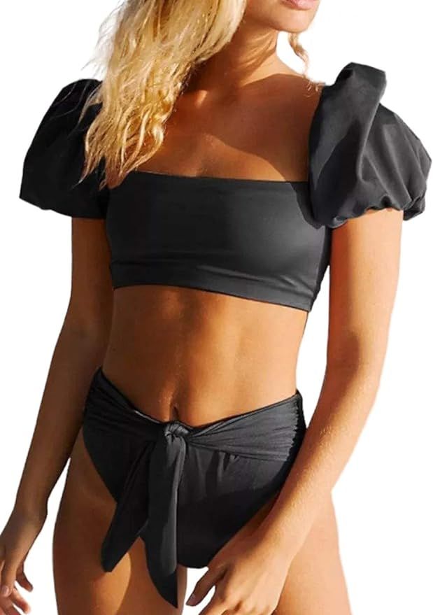 Dokotoo Womens Cute Solid Bubble Sleeves High Waisted Two Piece Bikini Swimsuit | Amazon (US)