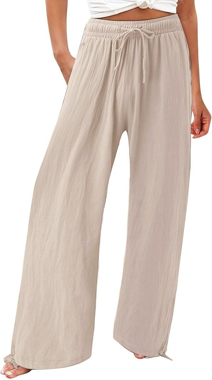 SHAOBGE Fall Pants for Women Summer High Waisted Wide Leg Pants Casual Elastic Waist Palazzo Pant... | Amazon (US)