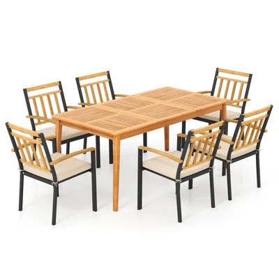 Set Of 7 Patio Acacia Wood Dining Set w/ Soft Seat Cushions Umbrella Hole Outdoor | Wayfair North America