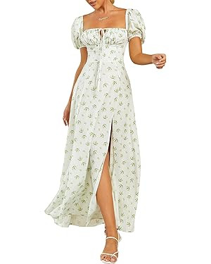 Women's Summer Puff Sleeve Floral Split Maxi Dress Flowy A Line Casual Beach Long Dresses 2025 | Amazon (US)