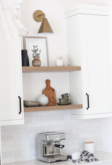 This side of our new kitchen includes open shelving to display all kinds of artwork and decor, plus mugs for our coffee bar. Loving the new tumbled brass sconce from Pottery Barn we mounted above (on sale right now). It’s the perfect morning prep space!


#LTKsalealert #LTKSale #LTKhome