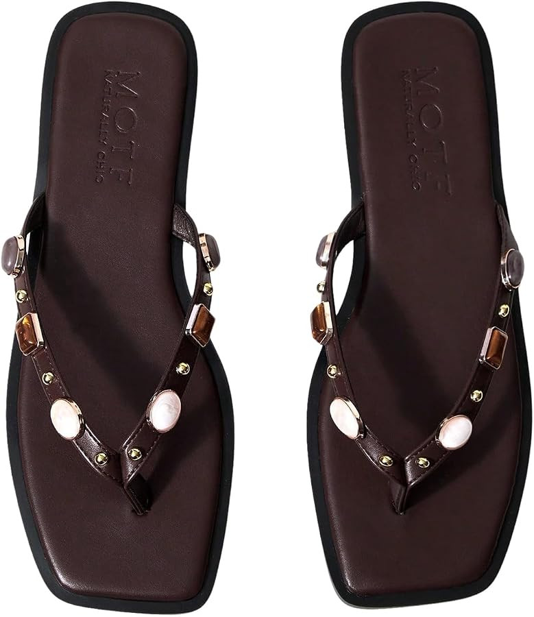 WDIRARA Women's Jeweled Thong Sandals Square Toe Slip On Flip Flops Slides Boho Slippers | Amazon (US)
