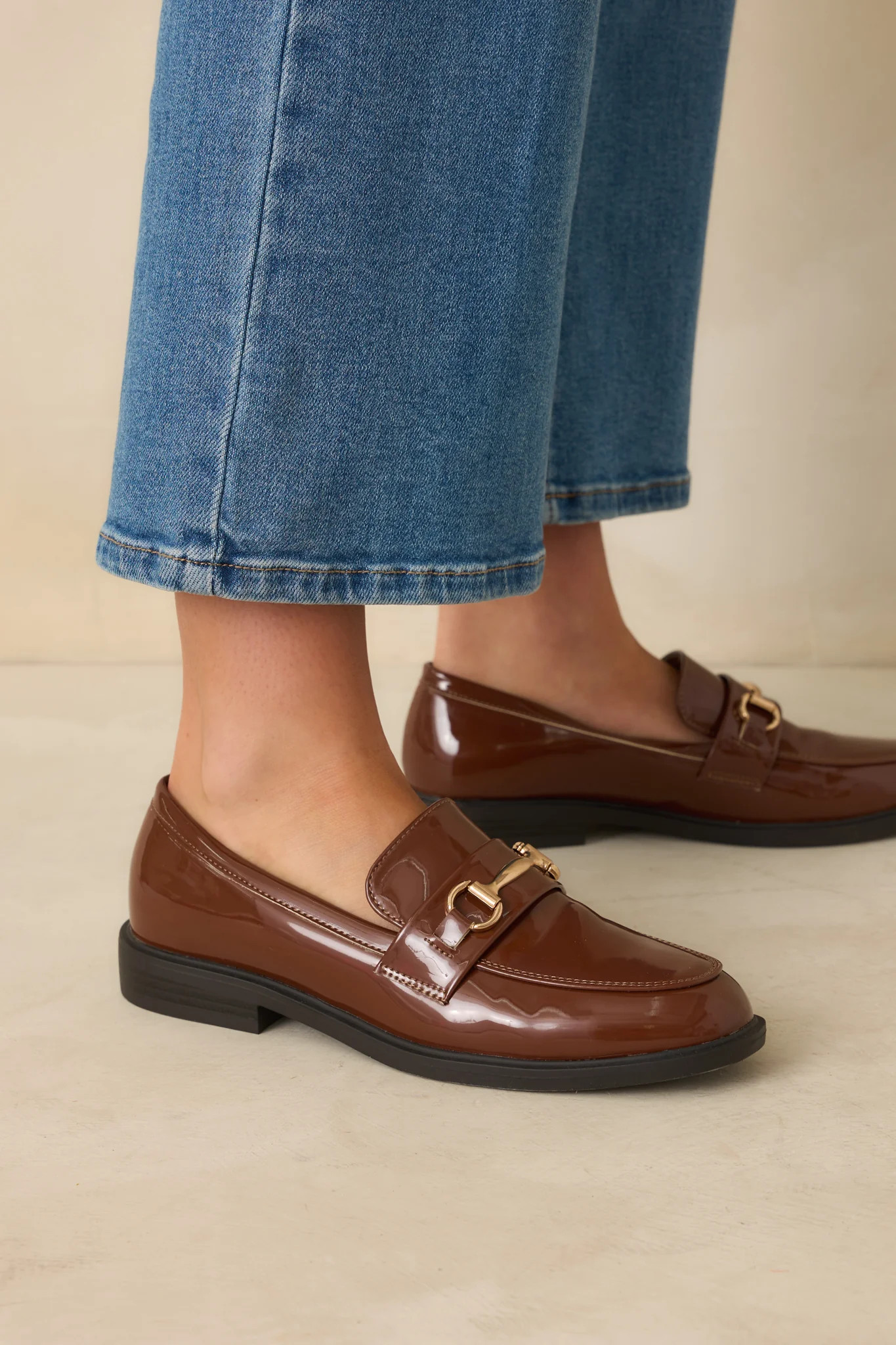 It All Made Sense Brown Patent Faux Leather Loafers | Red Dress