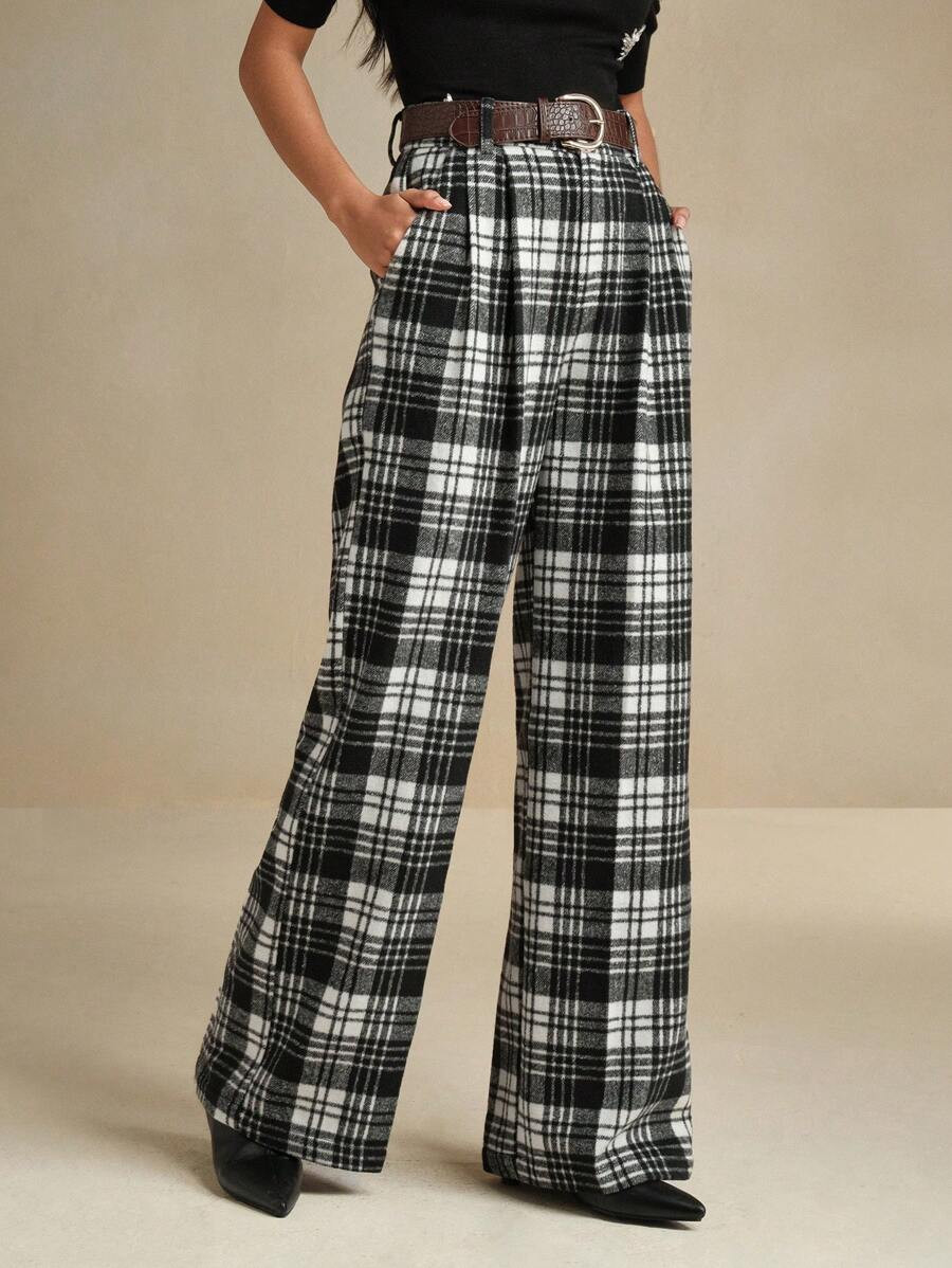 Anewsta Commuter Vintage Waist Houndstooth Pattern Women Trousers | SHEIN