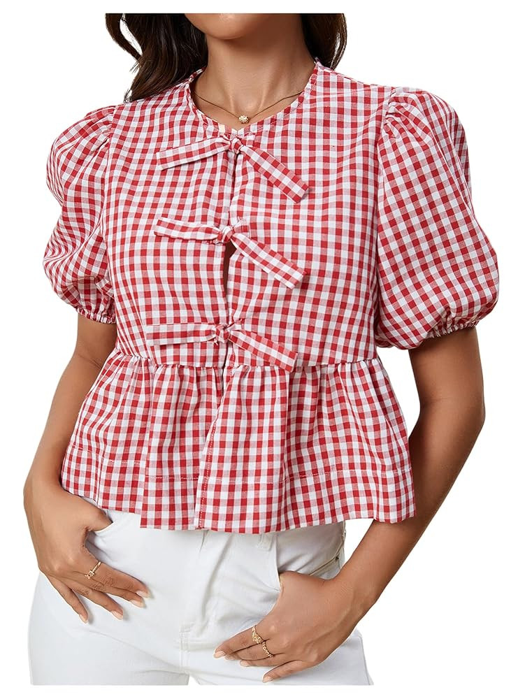 MakeMeChic Women's Plaid Gingham Bow Blouse Puff Sleeve Crew Neck Ruffle Hem Blouses Top | Amazon (US)