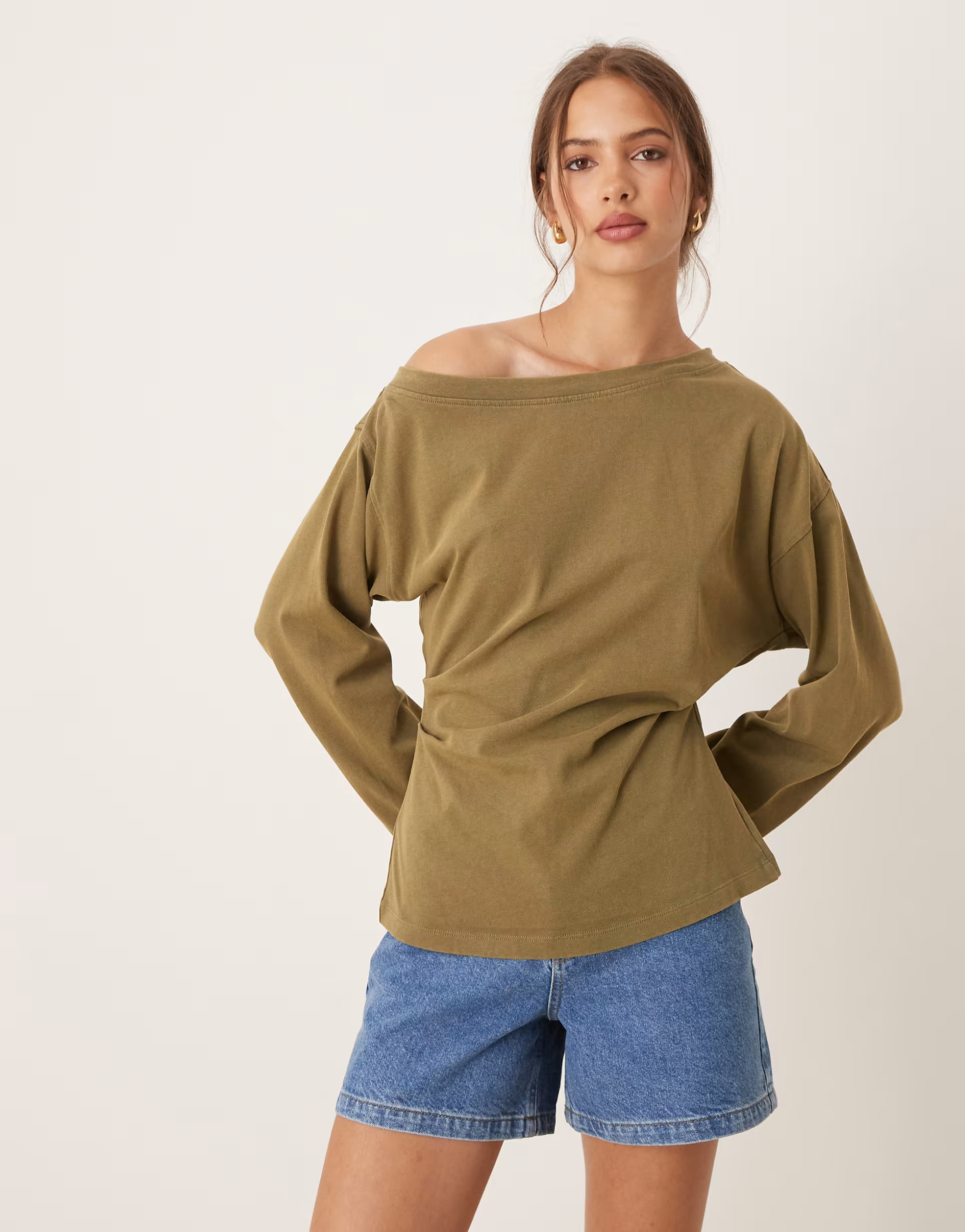 ASOS DESIGN long sleeve off shoulder corset waist tee in washed khaki | ASOS (Global)