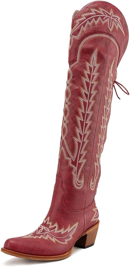 Gradinery Womens White Cowgirl Boots Fashion Over the Knee Boots With Classic Embroidery Chunky H... | Amazon (US)
