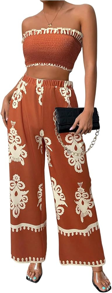 WDIRARA Women's 2 Piece Outfits Sleeveless Strapless Smocked Crop Tube Top and Graphic Wide Leg P... | Amazon (US)