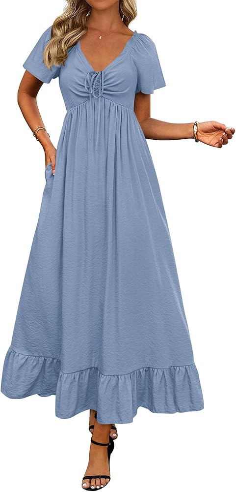 BTFBM Womens Spring Dresses 2026 Casual Short Sleeve V Neck Drawstring Wedding Guest Maxi Dresses... | Amazon (US)