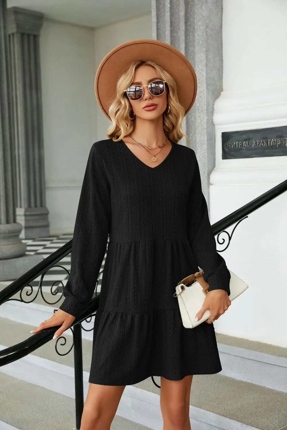 V-Neck Long Sleeve Mini Dress - Casual Chic Boutique | Black / S | Casual Chic Boutique